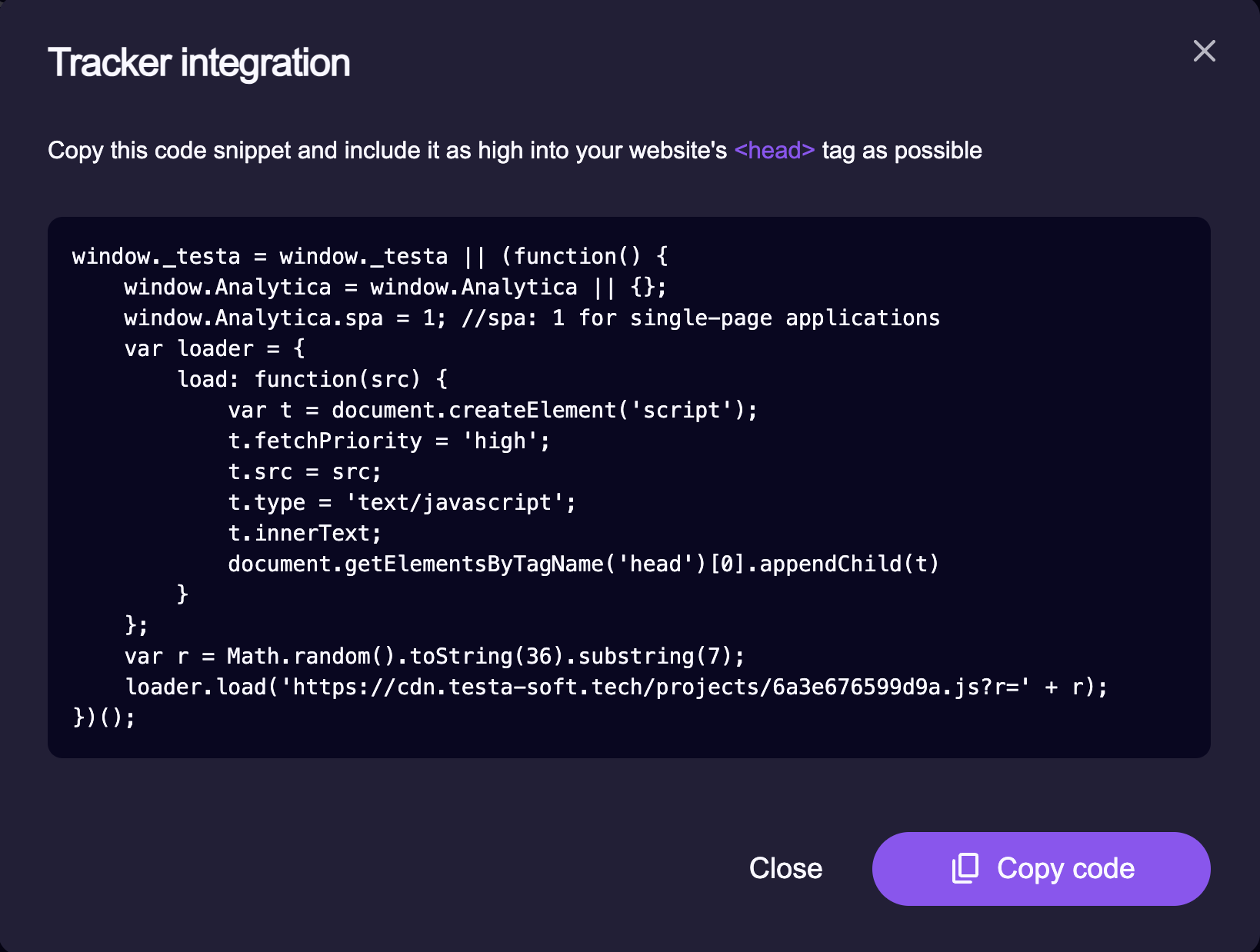 The Tracker integration dialog showing the tracking snippet