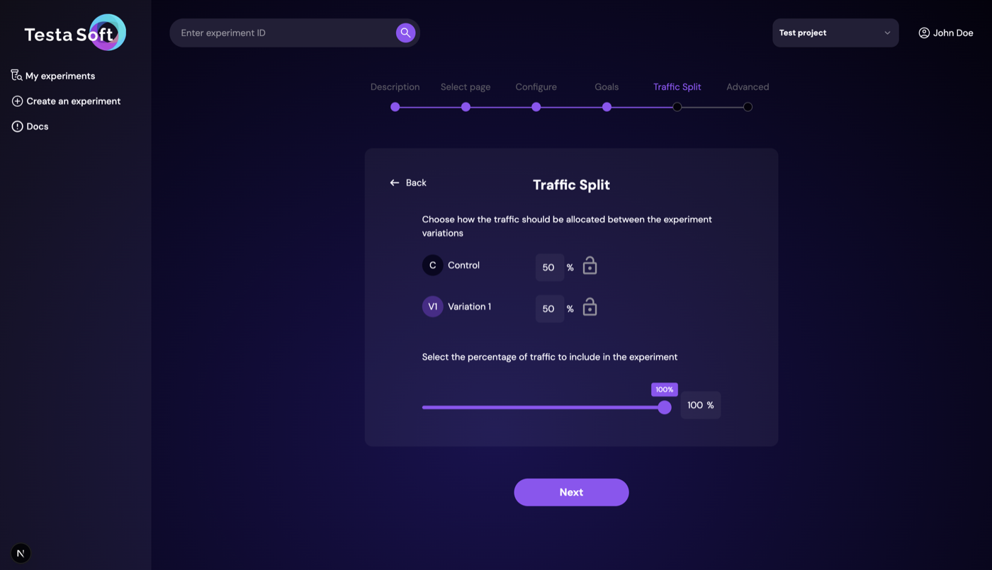 The traffic allocation control in an experiment's settings